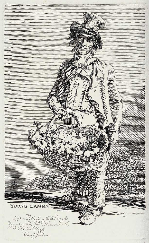 An itinerant salesman selling small woollen toys from a wicker baket. Etching by J.T. Smith, 1815.