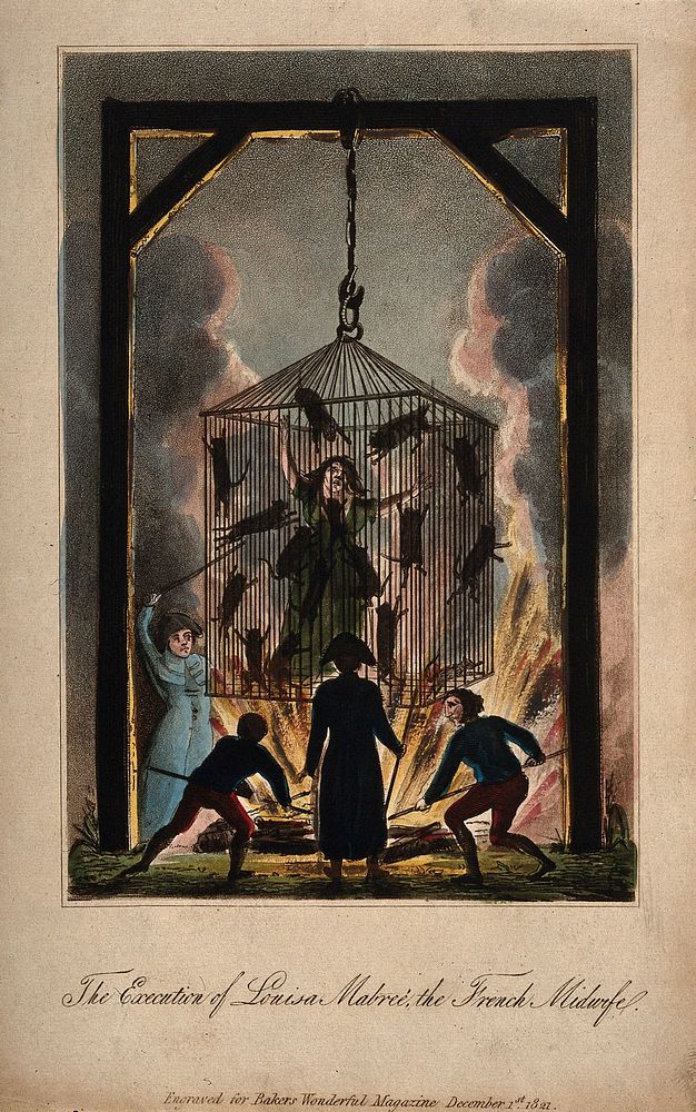 Louisa Mabreé, a French midwife being executed in a cage full of cats above a fire. Coloured aquatint.