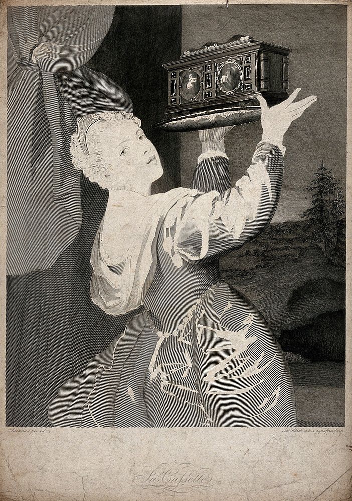 A young woman holding up a casket on a dish as she looks back over her shoulder. Etching by J. Heath, 1815, after Titian.