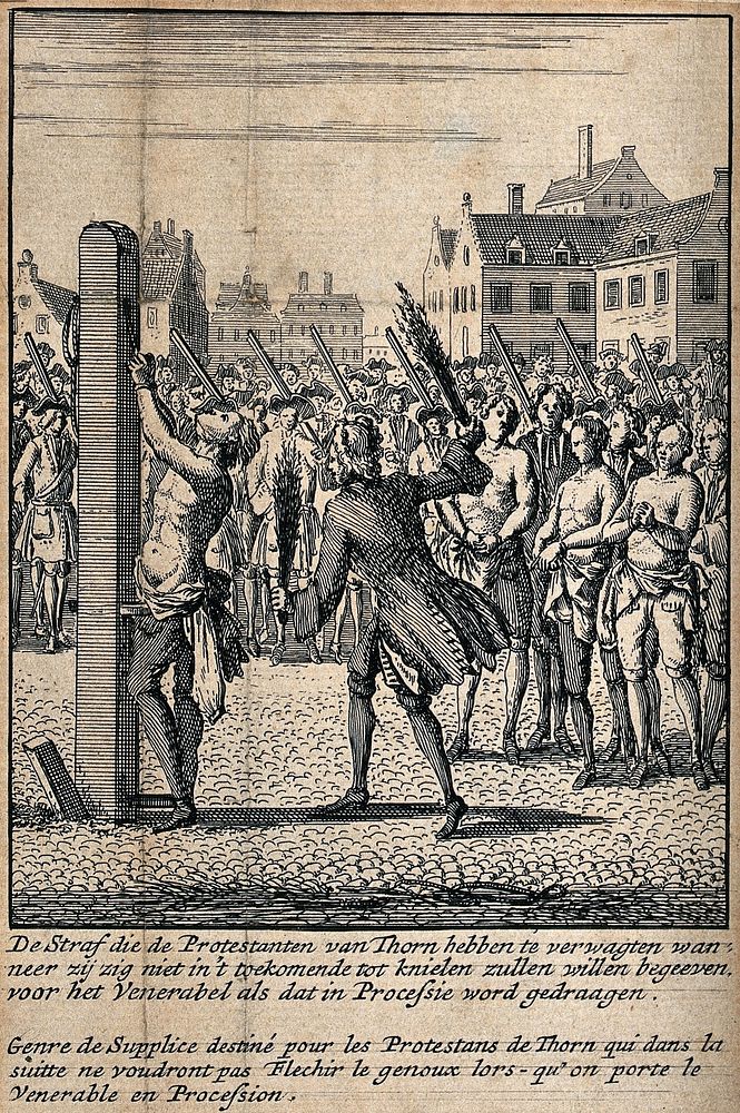 A Protestant from Thorn is fastened to a stake by a ring around his waist and a rope around his neck and publicly flogged…