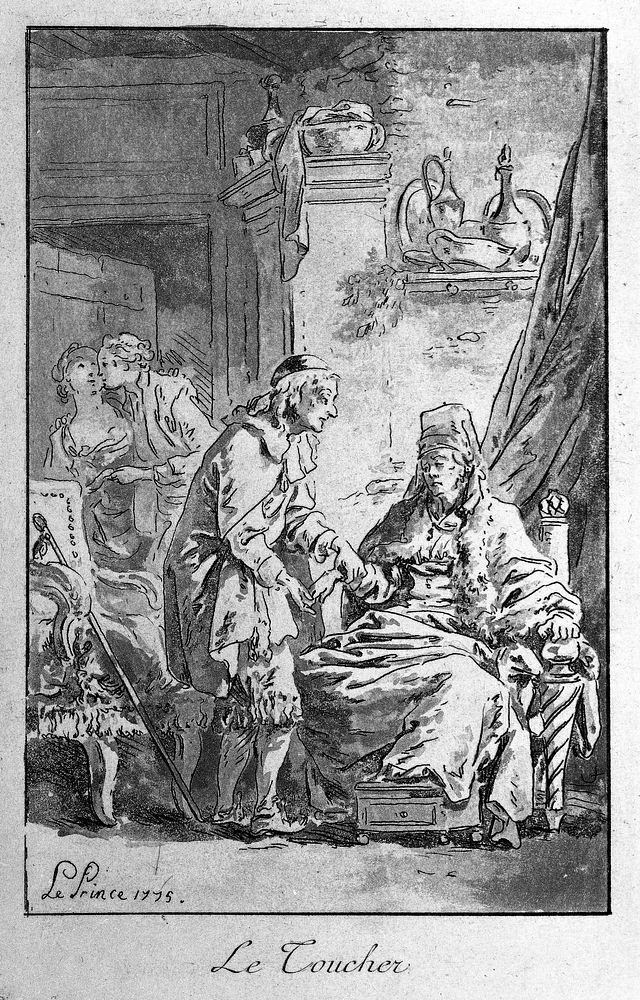 An old physician taking the pulse of a seated patient; representing the sense of touch. Aquatint with etching by J.-B. Le…