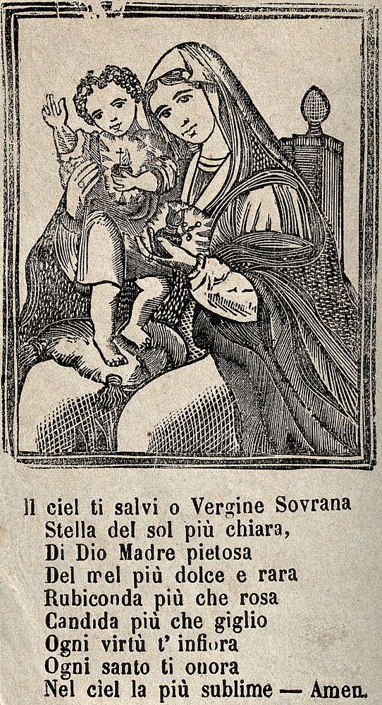 The Virgin with Christ Child, both holding their burning hearts. Woodcut.