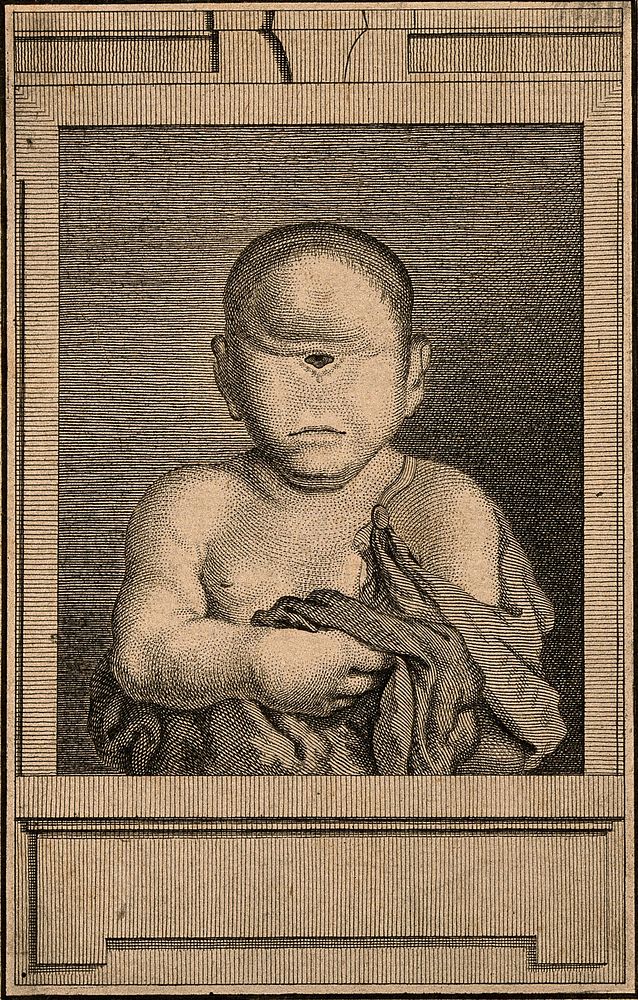 An infant with one central eye. Engraving.