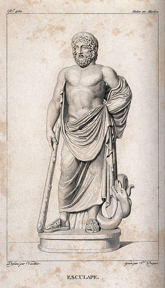 Aesculapius. Etching by V. Dague after Vauthier.