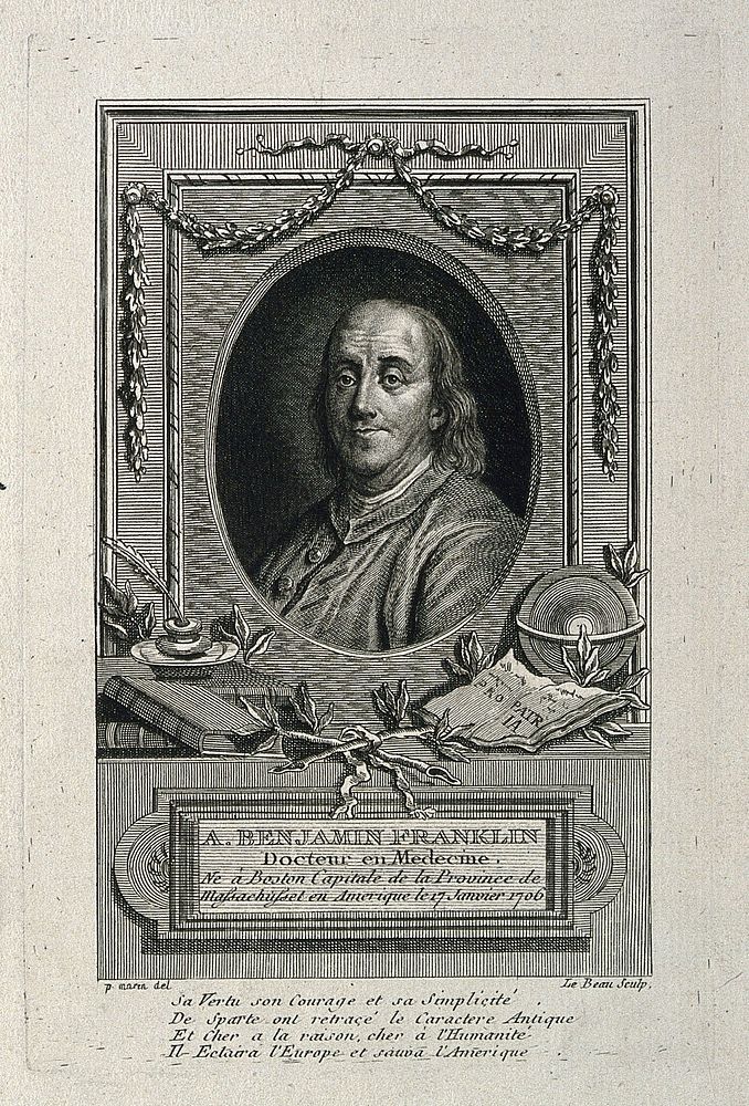 Benjamin Franklin. Line engraving by P. A. Le Beau after P. Marin after J. S. Duplessis, 1778.
