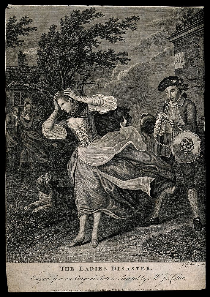 A young woman's wig and hat being swept away by a gust of wind; behind her a young man is laughing, to the left stand an…