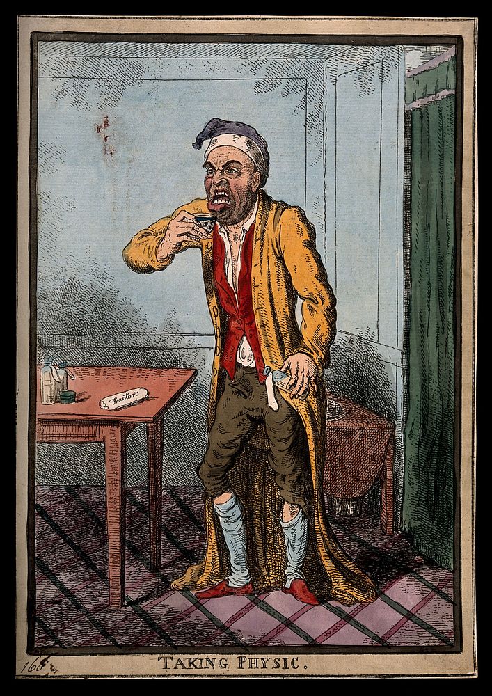 A man pulling a peculiar face as he is about to take some medicine. Coloured etching by I. Cruikshank, 1801, after J.…