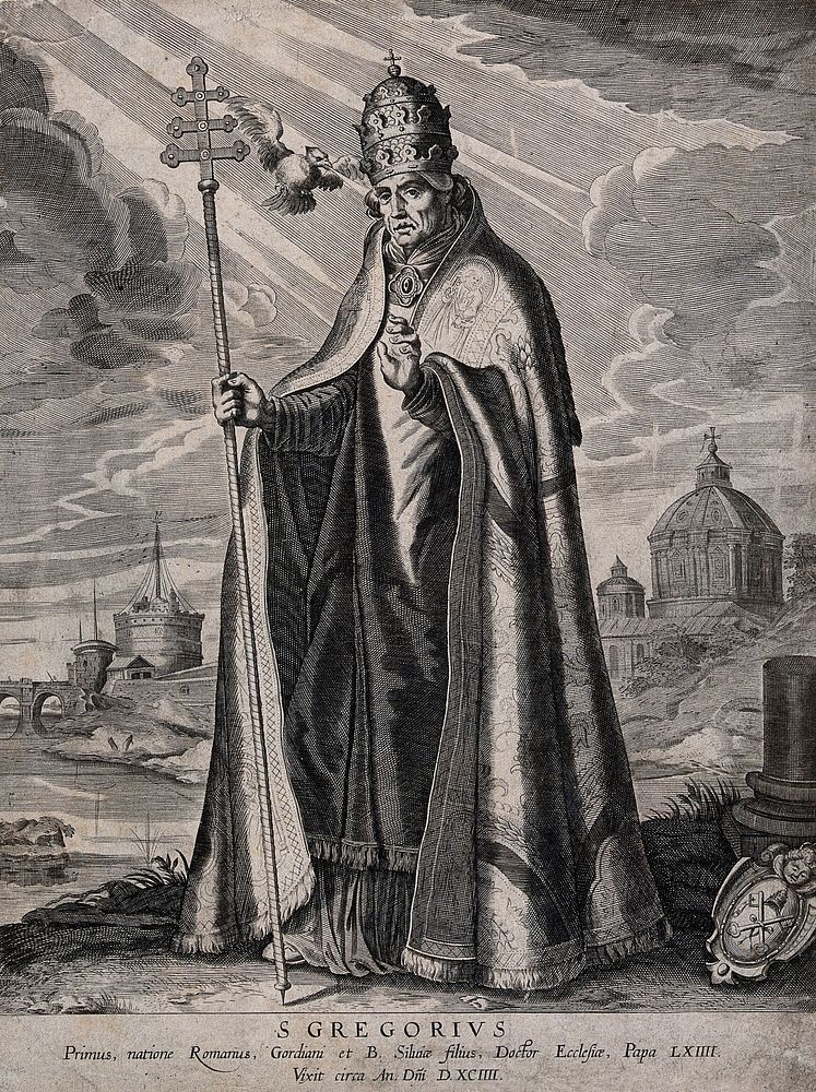 Saint Gregory the Great wearing papal dress is standing by the Tiber; Castel Sant'Angelo and Saint Peter's in Rome in the…