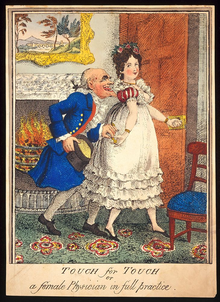 A prostitute leading an old man into the bedroom and taking money from him; implying that her services will act like a tonic…