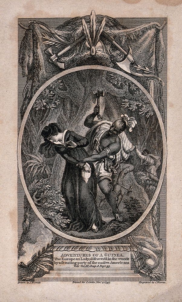 An English woman lost in the American jungle is captured by a native American with a tomahawk. Engraving by C. Warren, 1797…