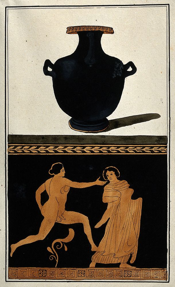 Above, a black Greek water-jug (hydria); below, detail of decoration showing a naked man running towards a woman.…