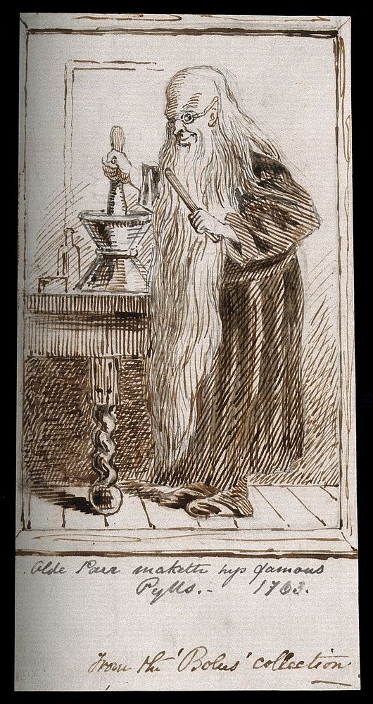 Old Parr, an elderly apothecary with an extremely long beard mixing a concoction with a pestle and mortar. Pen drawing by…