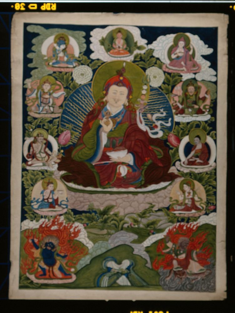 Guru Rinpoche (Padmasambhava), the main founder of Buddhism in Tibet, surrounded by other forms of himself. Gouache painting…