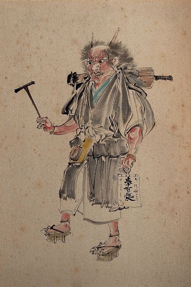 A sacred Chinese figure, a demon with an umbrella. Painting by a Chinese painter.