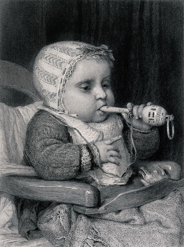 A baby sits in a chair chewing a rattle. Engraving by A & E. Varin after A. Anker.