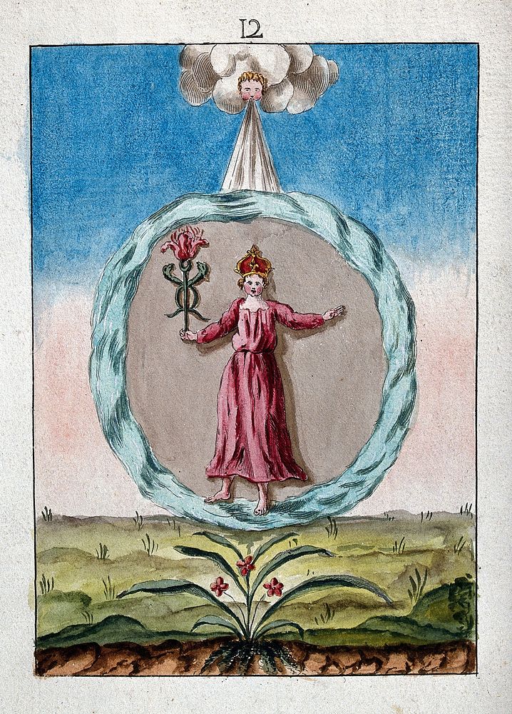 A crowned woman in red holding a rose-topped caduceus; she is suspended in a circle of water; a cherub blows wind from…