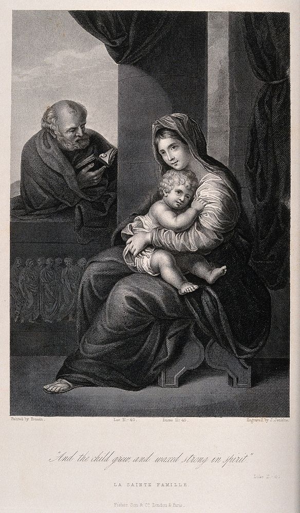Saint Mary (the Blessed Virgin) and Saint Joseph with the Christ Child. Engraving by J. Jenkins after N. Poussin.