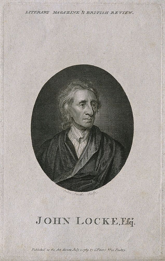 John Locke. Line engraving by A. Smith, 1785, after Sir G. Kneller, 1697.