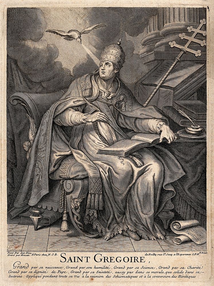 Saint Gregory, wearing papal costume, is seated at his desk writing his homilies. Engraving by Houatt and N. Bazin after A.…