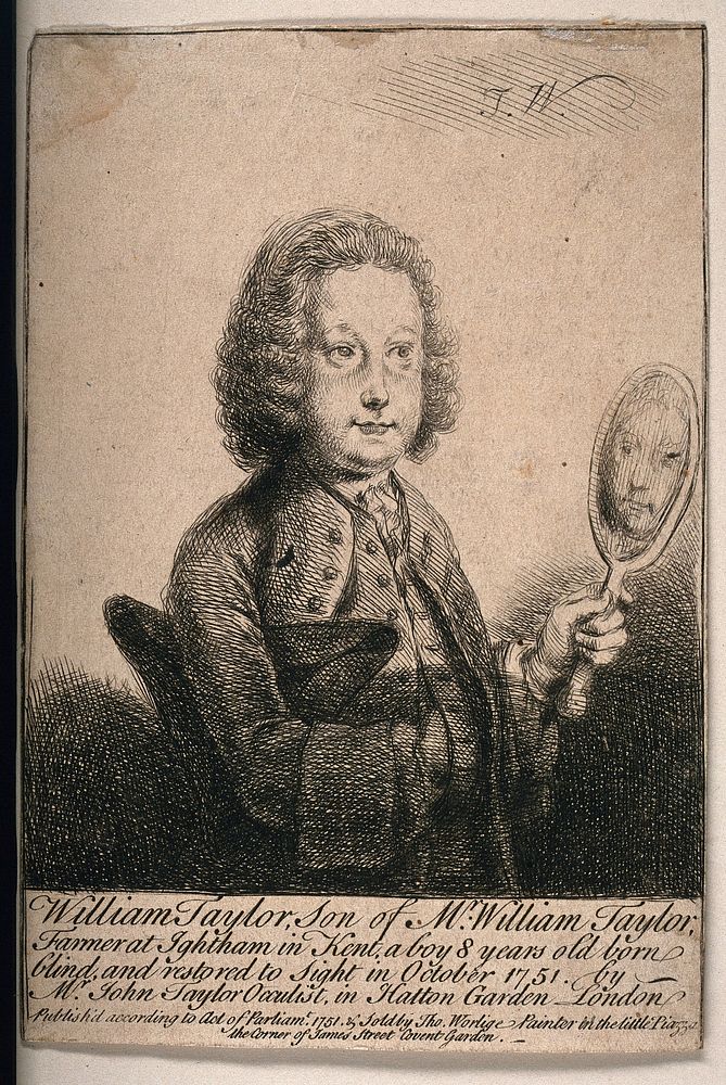 William Taylor, a boy born blind, looking in a mirror after his sight had been restored by surgery. Etching by T. Worlidge…