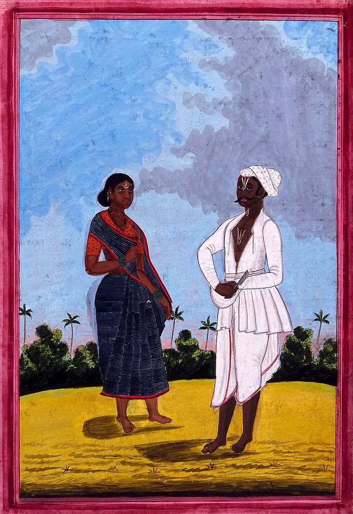 Hindu barber and wife. Gouache drawing.