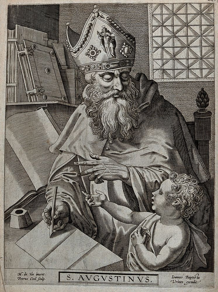 Saint Augustine of Hippo. Line engraving by P. Cool after M. de Vos.
