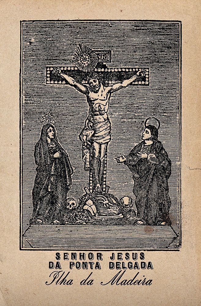 The Crucifixion of Christ; Christ the Lord, of Ponta Delgada on the island of Madeira. Woodcut.