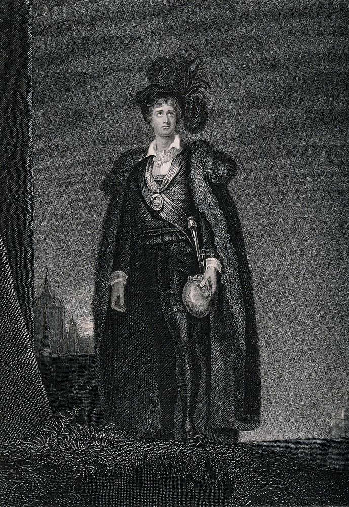 J.P. Kemble in the role of Hamlet, standing on a grassy bank wearing a long cape edged with fur and a large feathered hat on…