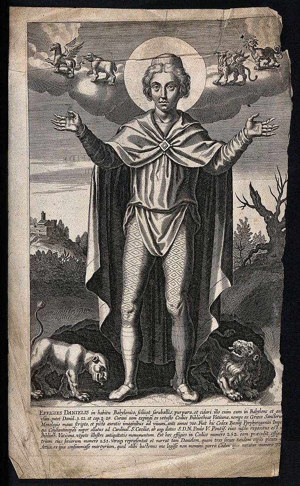 Daniel and the four fantastic beasts. Engraving, 1634.