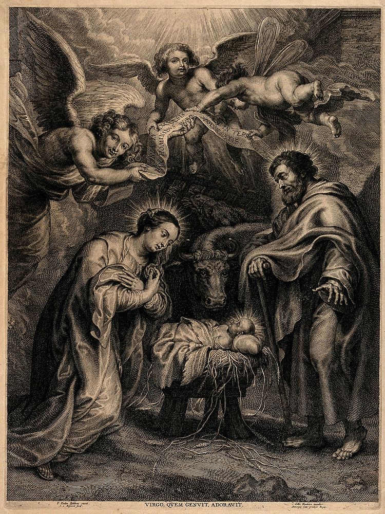 The birth of Christ; the Virgin kneels before the manger. Engraving by S.A. Bolswert after P.P. Rubens.