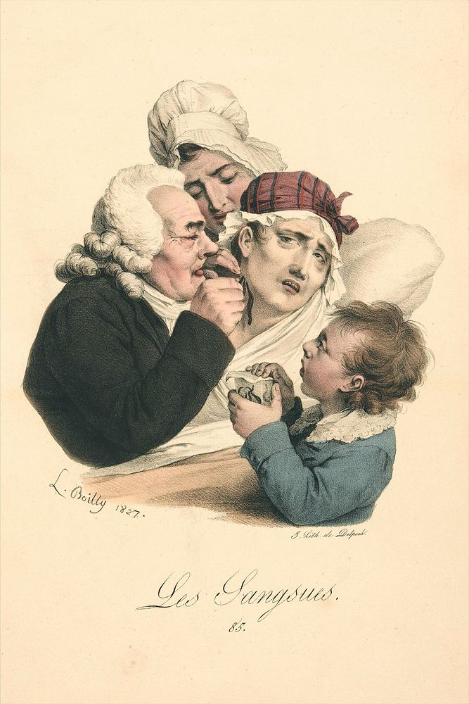 A medical practitioner administers leeches to a patient. Colour lithograph after L. Boilly, 1827.