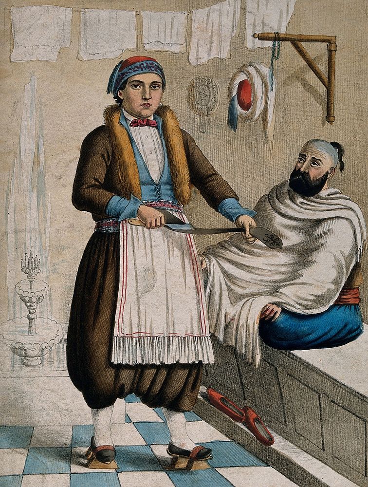 The interior of a bathhouse; a barber dressed in national costume  sharpens his razor; a customer sitting cross-legged on a…