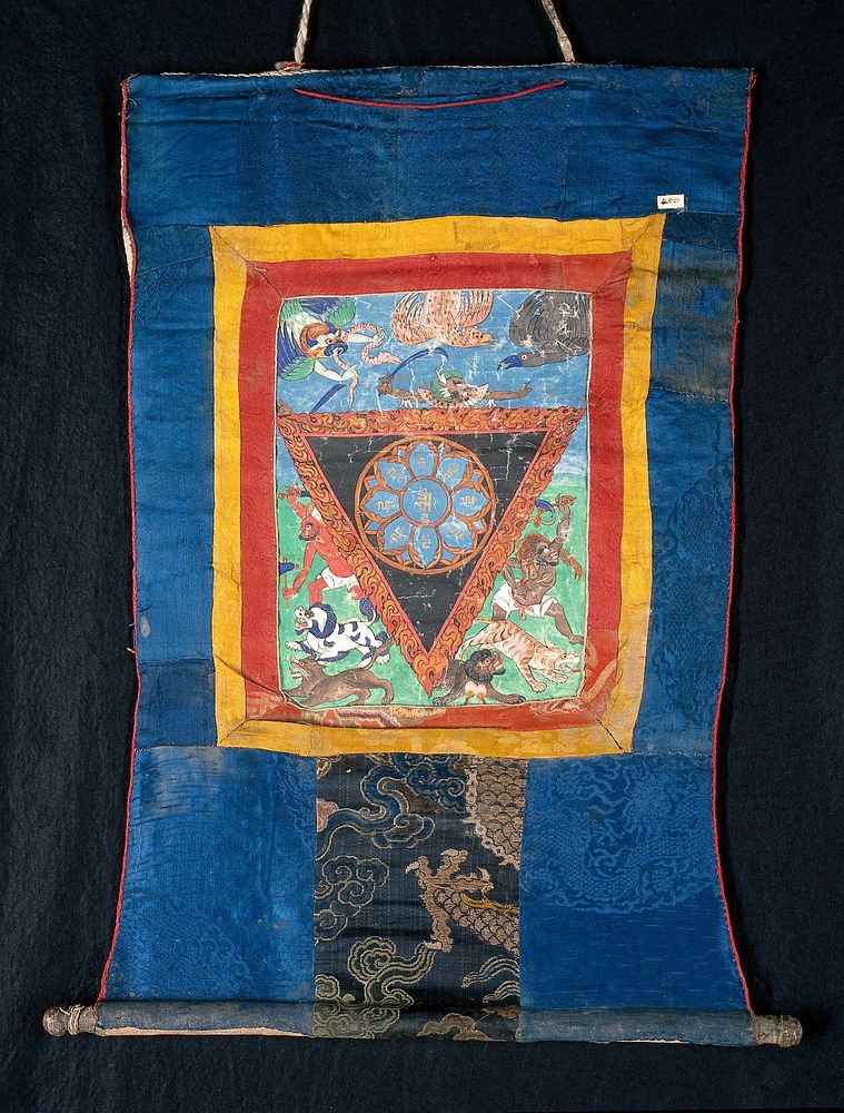 Blue lotus protective triangle. Distemper painting by a Tibetan painter.