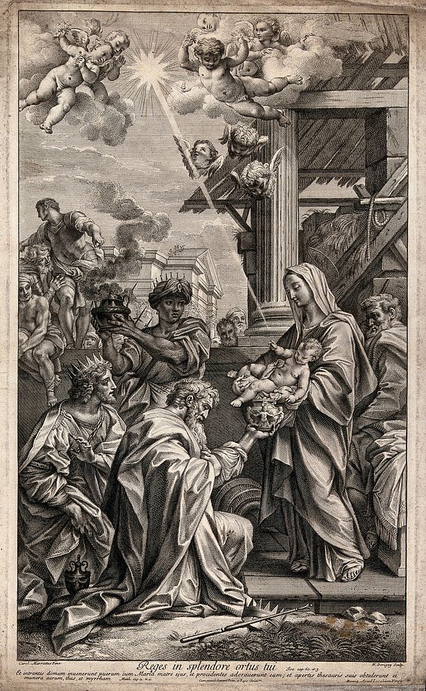 The three kings bring offerings to the infant Jesus. Engraving by N. Dorigny after C. Maratta.