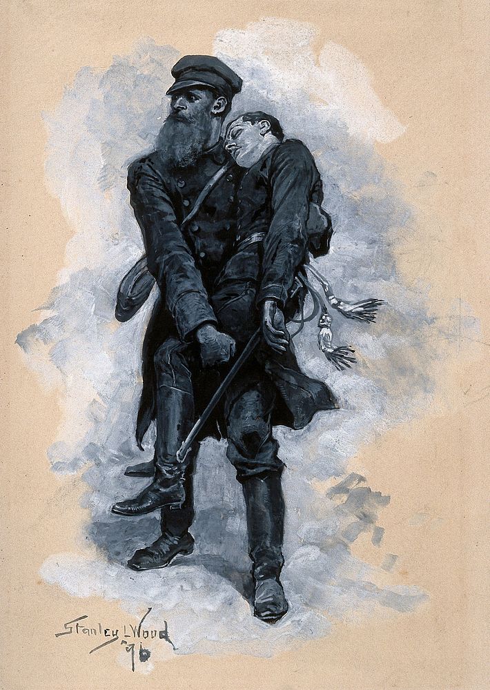 Russo-Japanese War: a large, bearded man carrying a wounded soldier. Gouache painting by S. L. Wood, c. 1904.