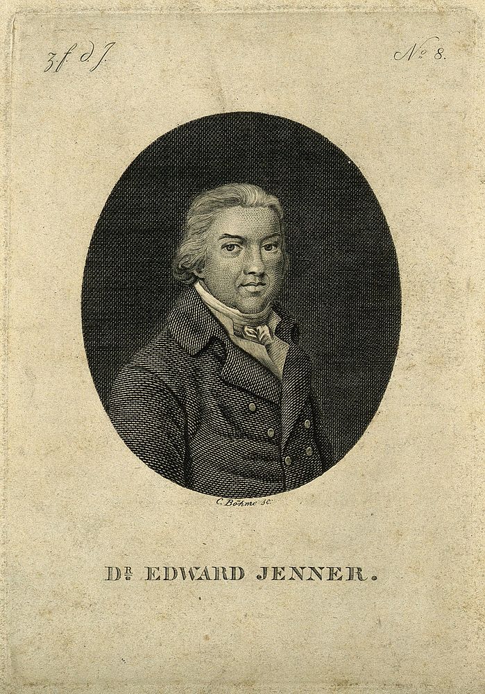 Edward Jenner. Line engraving by J.C. Böhme after P. R. Vignéron after J. R. Smith, 1800.