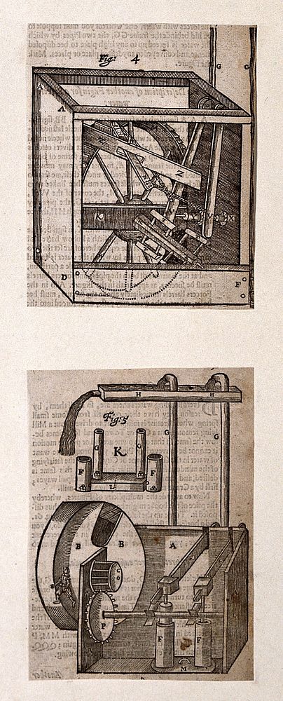 Hydraulics: two human-driven [] pumps. Woodcut, 1659.