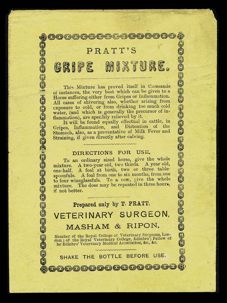 Pratt's gripe mixture : the mixture has proved itself in thousands of instances, the very best which can be given to a horse…