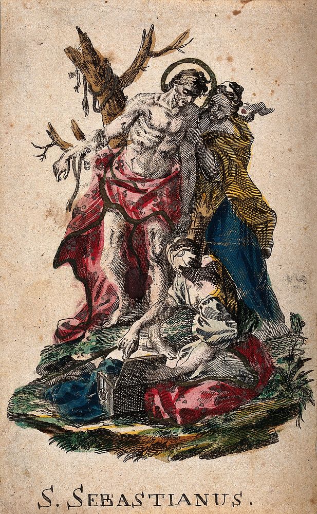 Martyrdom of Saint Sebastian. Coloured etching.