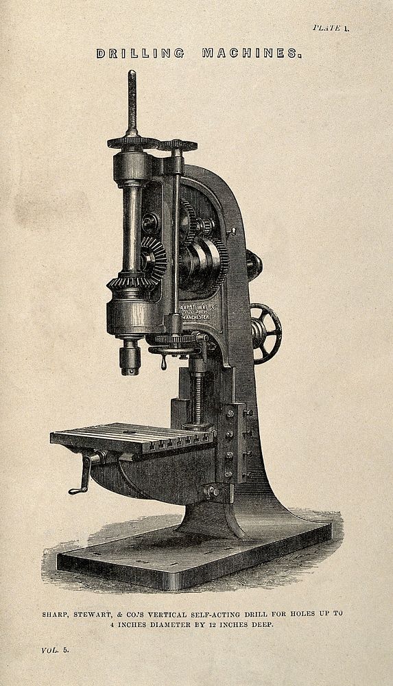 Engineering: three-quarter view of a large stand drill. Engraving, c.1861.