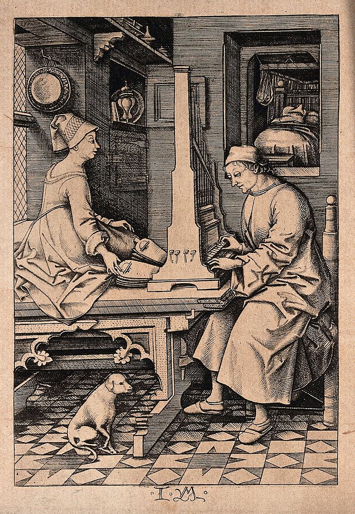 A man plays the organ as his wife uses the bellows to provide the necessary air. Heliogravure by C. Amand Durand after I.…