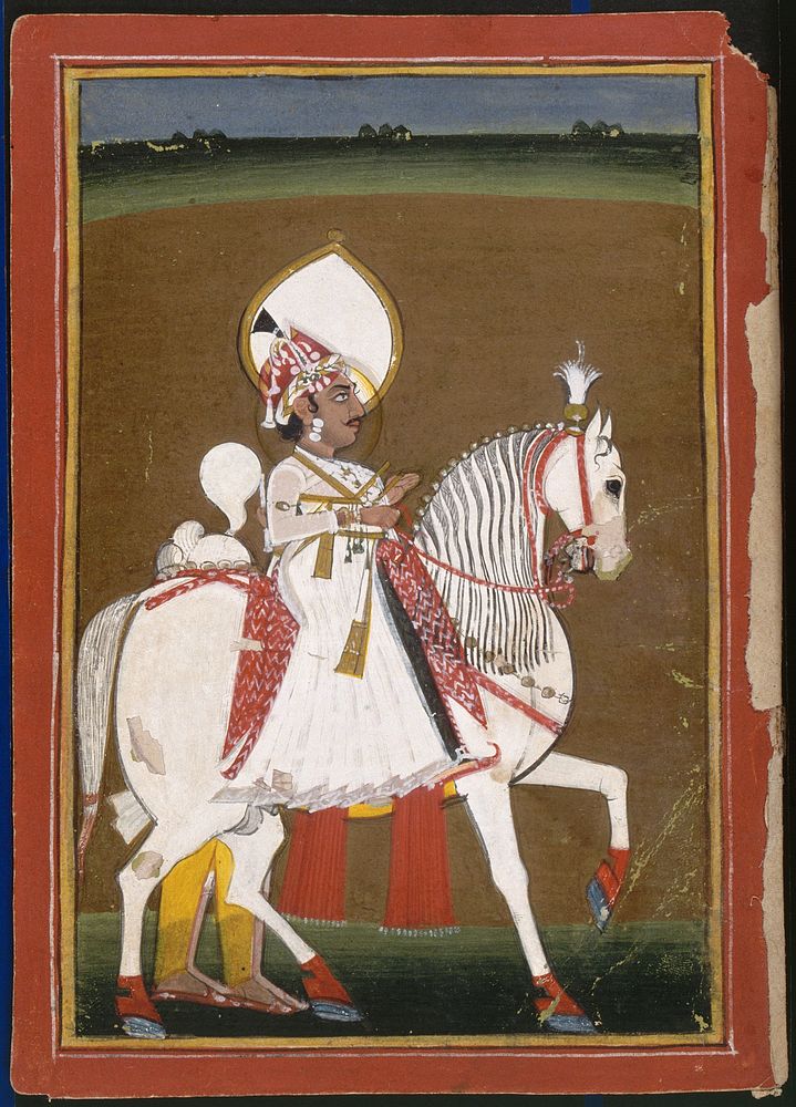 A Rajput ruler riding on a horse. Gouache painting by an Indian painter.