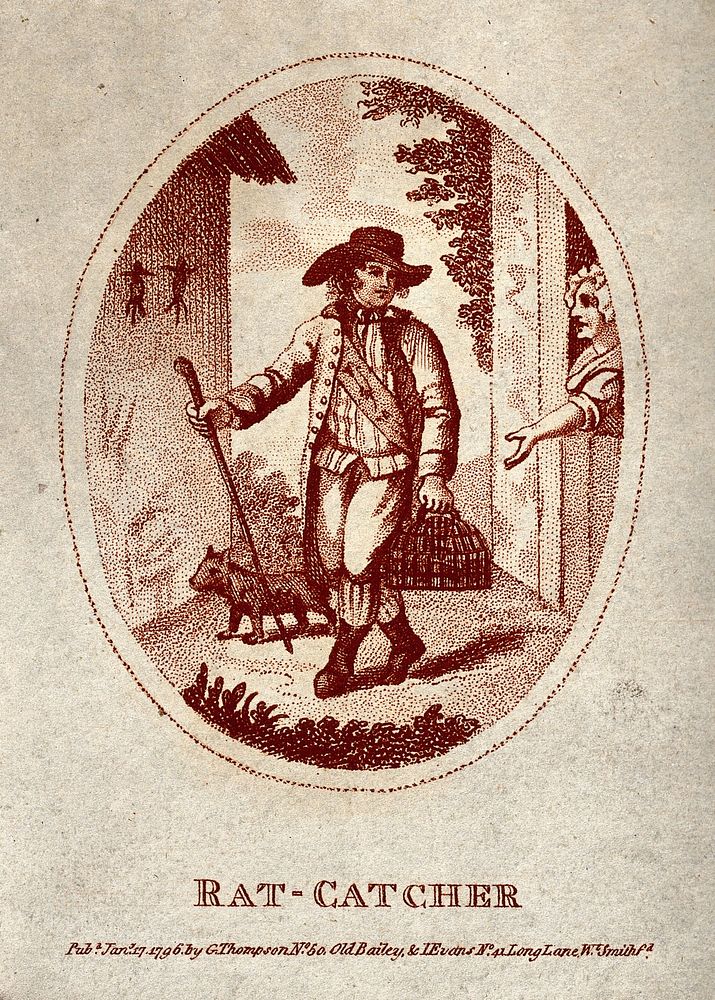 A rat-catcher and his dog; to the right a woman looks on. Stipple engraving, 1796.