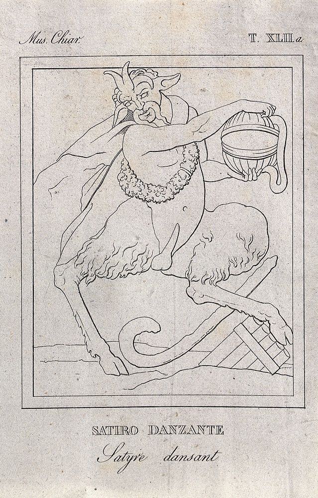 A dancing satyr, holding a casket. Engraving.