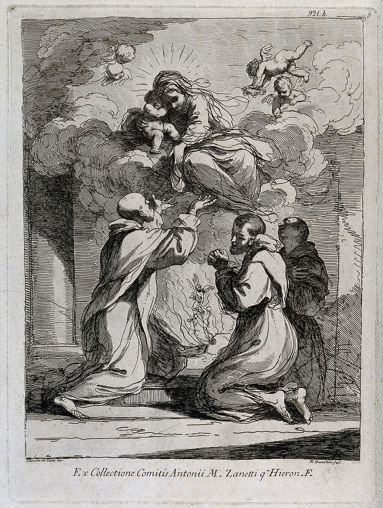 Saint Mary (the Blessed Virgin) with the Christ Child appearing in clouds to three monks. Etching by F. Bartolozzi, 1764…