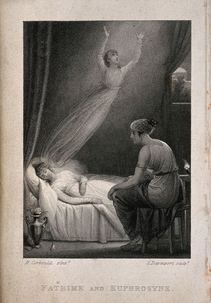 Fathime's astral body leaving her as she dies while Euphrosyne sits and watches. Line engraving by S. Davenport after H.…