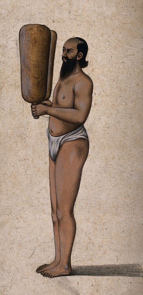 A Hindu ascetic or holy man: standing, wearing a loincloth and carrying two large weights , one in each hand. Gouache…