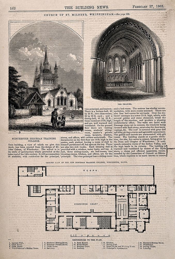 Church of St. Mildred, Whippingham: Winchester Diocesan Training College floor plan. Wood engraving by O. Jewitt, 1863.