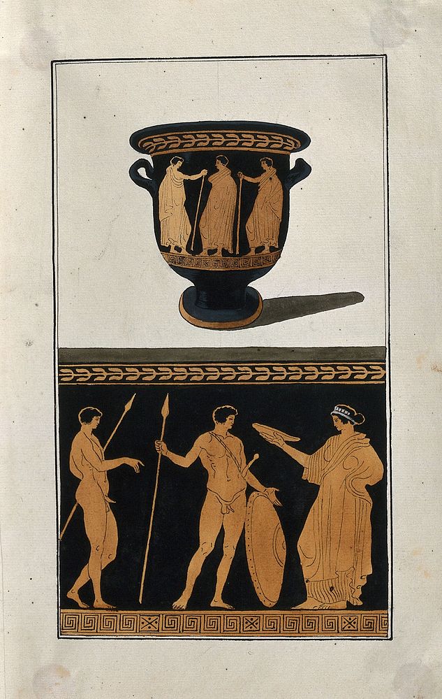 Above, red-figured Greek wine-mixing bowl (bell-krater); below, detail of the decoration showing a woman and two naked men…