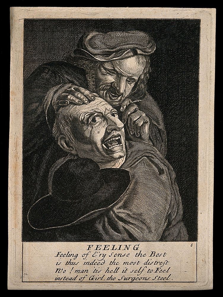 A malicious itinerant surgeon extracting stones from a grimacing patient's head; symbolising the extraction of 'folly'…